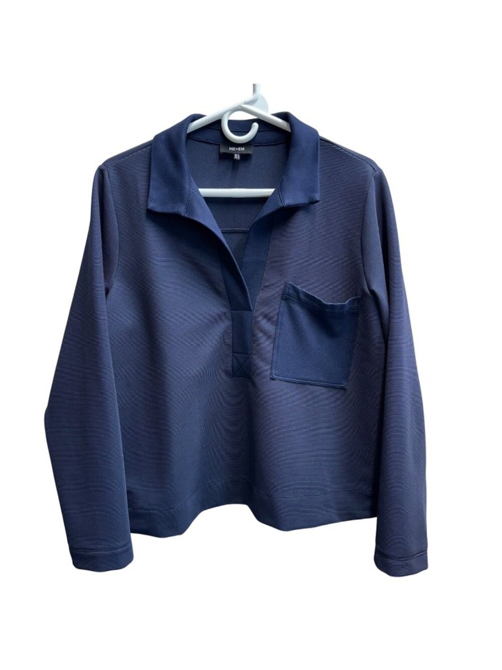 ME+EM Ribbed Long Sleeve Boxy Polo Shirt Top Size US 10 Navy Blue Minimalist